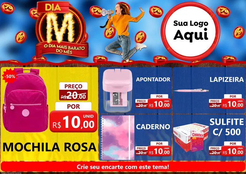 Modelo de Encarte para Encarte A4 Horizontal com o tema Dia M - O Dia Mais Barato Do Mês para Papelaria