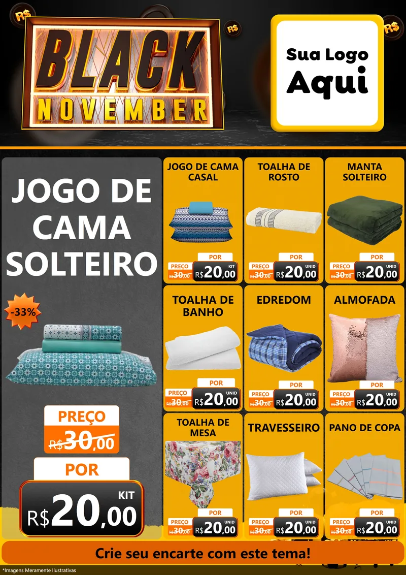 Modelo de Encarte para Encarte A4 Vertical com o tema Black November para Cama, Mesa e Banho
