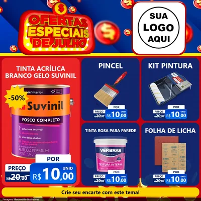 Modelo de Rede Social para Feed Facebook com o tema Ofertas Especiais de Julho para Tintas e Ferramentas
