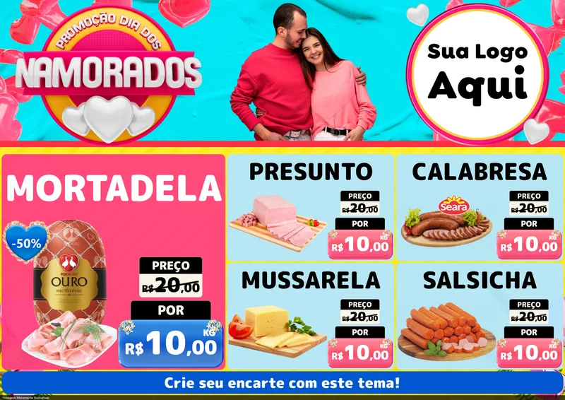 Modelo de Encarte para Encarte A4 Horizontal com o tema Promoção Dia dos Namorados para Frios e Laticínios