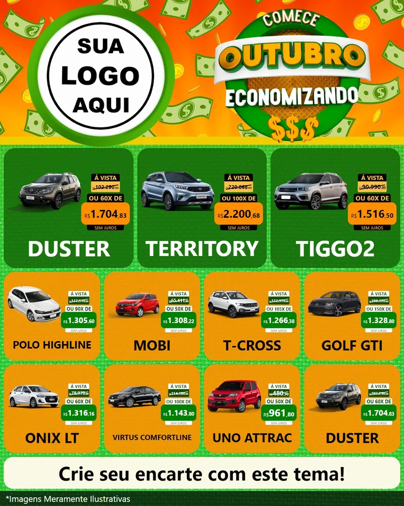 Modelo de Rede Social para Feed Instagram com o tema Comece Outubro Economizando para Concessionaria de Carros