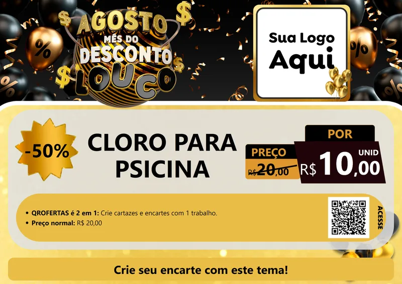 Modelo de Cartaz para Cartaz A4 Horizontal com o tema Agosto Mês do Desconto Louco para Produtos para Piscina