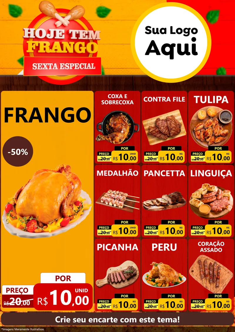 Modelo de Encarte para Encarte A4 Vertical com o tema Hoje tem Frango Sexta Especial para Assados
