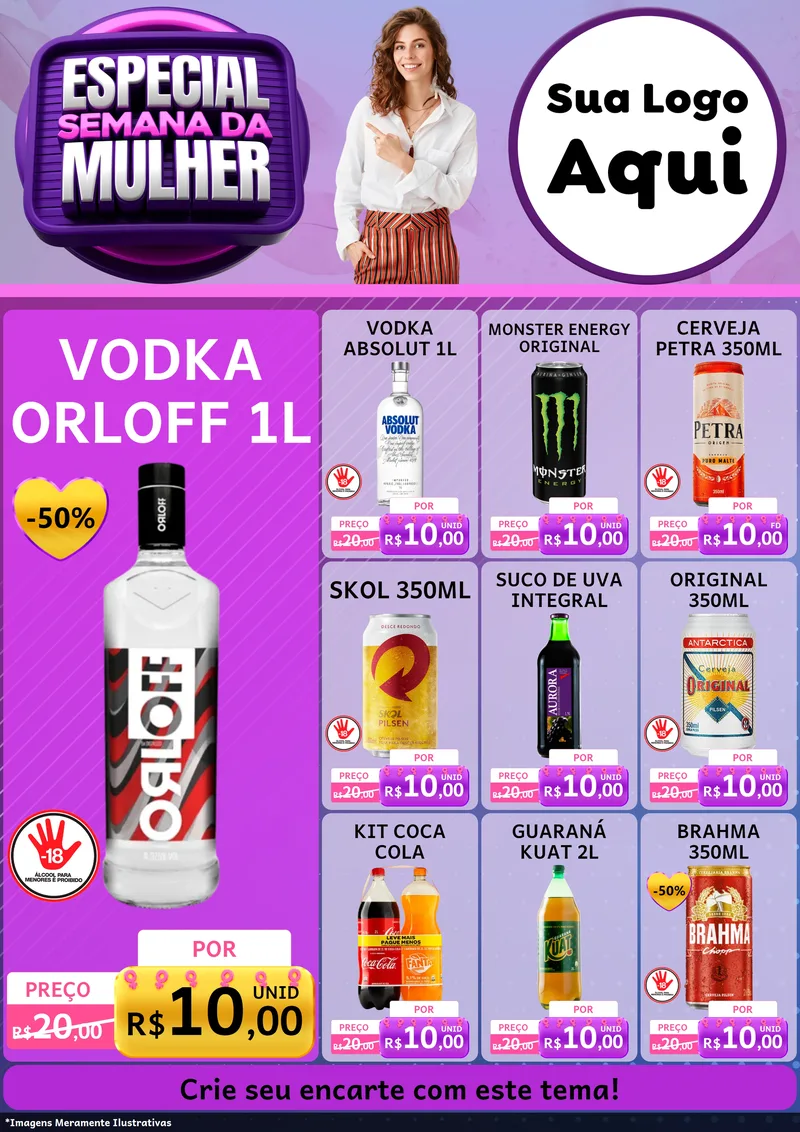 Modelo de Encarte para Encarte A4 Vertical com o tema Especial Semana da Mulher para Distribuidora de bebidas