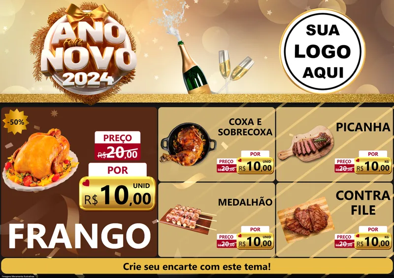 Modelo de Encarte para Encarte A4 Horizontal com o tema Feliz Ano Novo 2027 para Assados
