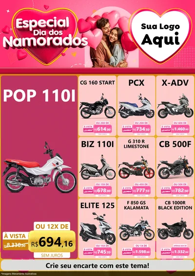 Modelo de Encarte para Encarte A4 Vertical com o tema Especial Dia dos Namorados para Concessionaria de Motos