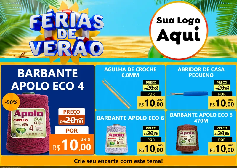 Modelo de Encarte para Encarte A4 Horizontal com o tema Férias de Verão para Armarinho e Aviamentos
