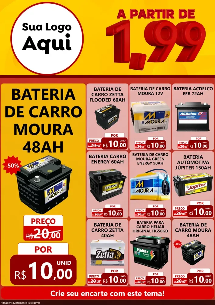 Modelo de Encarte para Encarte A4 Vertical com o tema A Partir de Um e Noventa e Nove - 1,99 para Baterias Elétricas