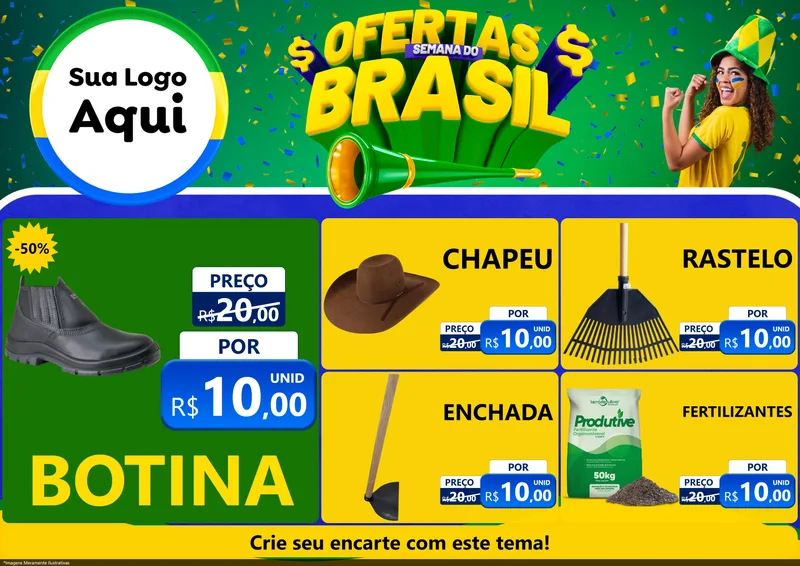 Modelo de Encarte para Encarte A4 Horizontal com o tema Ofertas Semana do Brasil para Agropecuária