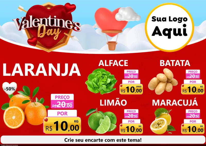 Modelo de Encarte para Encarte A4 Horizontal com o tema Valentine's Day para Hortifrúti