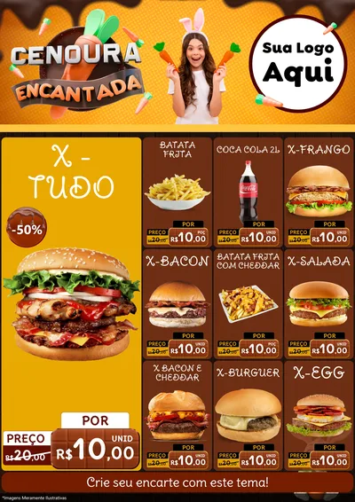 Modelo de Encarte para Encarte A4 Vertical com o tema Cenoura Encantada - Páscoa para Hamburgueria