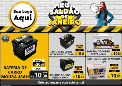 Modelo de Encarte para Encarte A4 Horizontal com o tema Mega Saldão de Janeiro para Baterias Elétricas