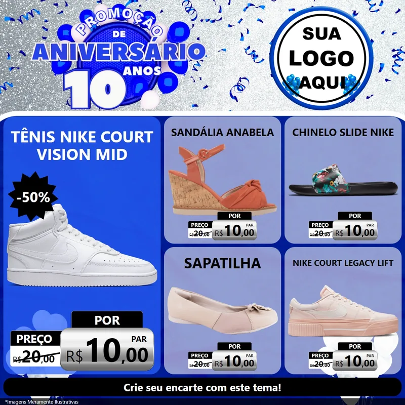 Modelo de Rede Social para Feed Facebook com o tema Promoção de Aniversário - 10 Anos para Calçados