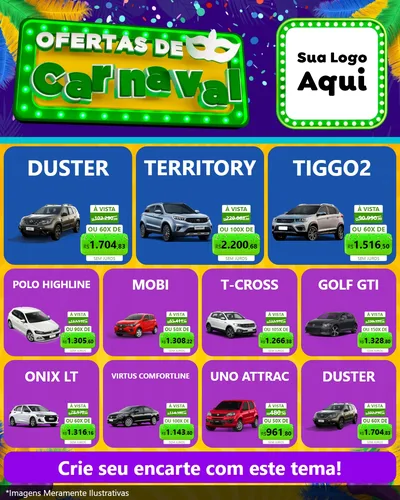 Modelo de Rede Social para Feed Instagram com o tema Ofertas de Carnaval para Concessionaria de Carros