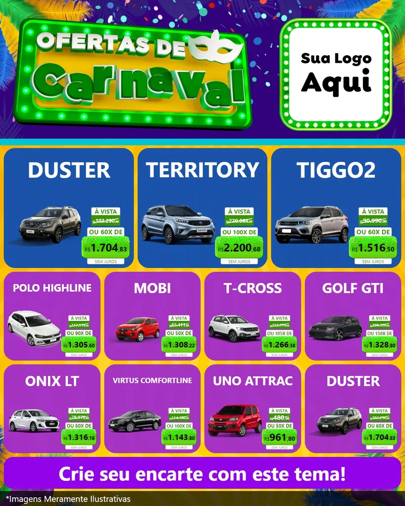 Modelo de Rede Social para Feed Instagram com o tema Ofertas de Carnaval para Concessionaria de Carros