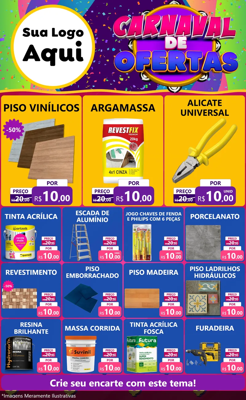 Modelo de Encarte para Encarte Grande com o tema Carnaval de Ofertas para Material para Construção