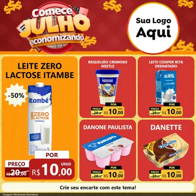 Modelo de Rede Social para Feed Facebook com o tema Comece Julho Economizando para Frios e Laticínios