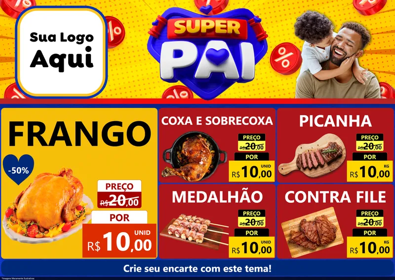 Modelo de Encarte para Encarte A4 Horizontal com o tema Super Pai para Assados