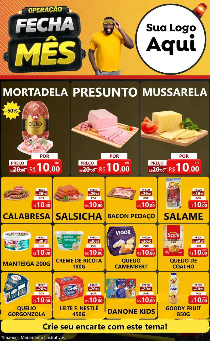 Modelo de Encarte para Encarte Grande com o tema Operação Fecha Mês para Frios e Laticínios