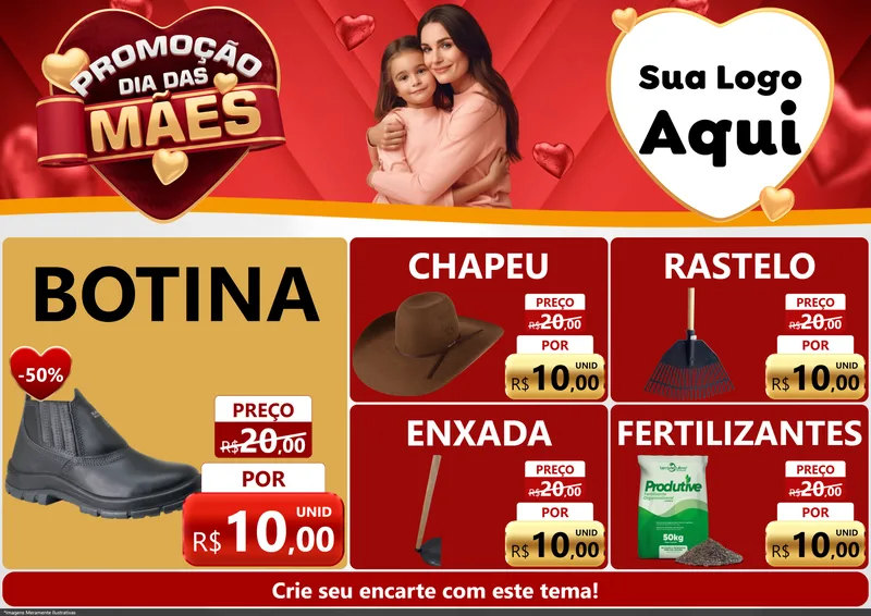 Modelo de Encarte para Encarte A4 Horizontal com o tema Promoção Dia das Mães para Agropecuária