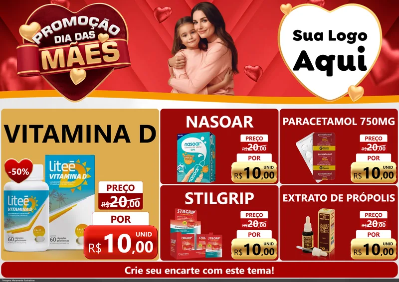 Modelo de Encarte para Encarte A4 Horizontal com o tema Promoção Dia das Mães para Farmácia