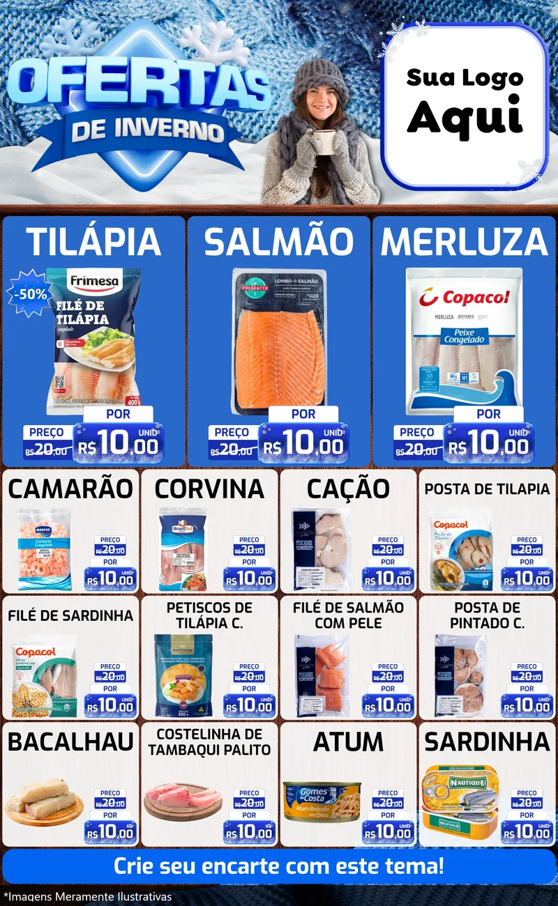 Modelo de Encarte para Encarte Grande com o tema Ofertas de Inverno para Peixaria