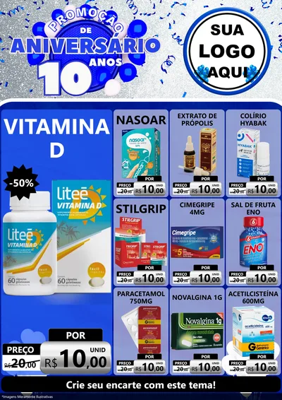 Modelo de Encarte para Encarte A4 Vertical com o tema Promoção de Aniversário - 10 Anos para Farmácia