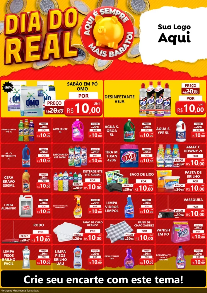 Modelo de Encarte para Encarte A4 Vertical com o tema Dia Do Real para Produtos de Limpeza