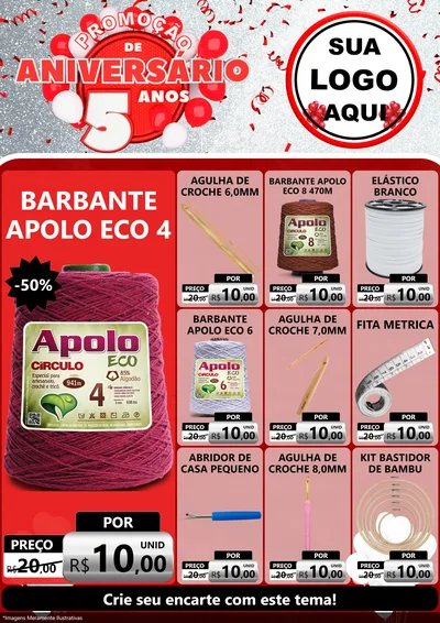 Modelo de Encarte para Encarte A4 Vertical com o tema Promoção de Aniversário - 5 Anos para Armarinho e Aviamentos