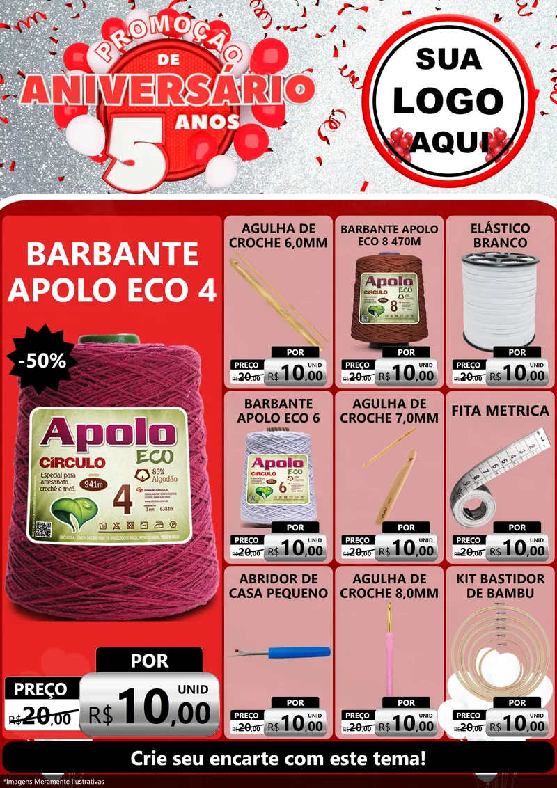 Modelo de Encarte para Encarte A4 Vertical com o tema Promoção de Aniversário - 5 Anos para Armarinho e Aviamentos
