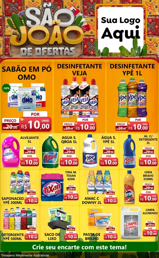 Modelo de Encarte para Encarte Grande com o tema São João de Muitas Ofertas - Junina para Produtos de Limpeza