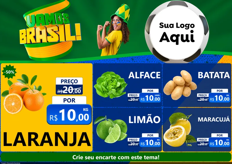 Modelo de Encarte para Encarte A4 Horizontal com o tema Vamos Brasil - Copa para Hortifrúti