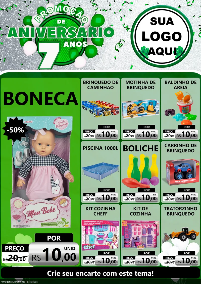 Modelo de Encarte para Encarte A4 Vertical com o tema Promoção de Aniversário - 7 Anos para Brinquedos