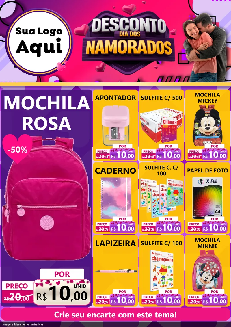 Modelo de Encarte para Encarte A4 Vertical com o tema Desconto Dia dos Namorados para Papelaria