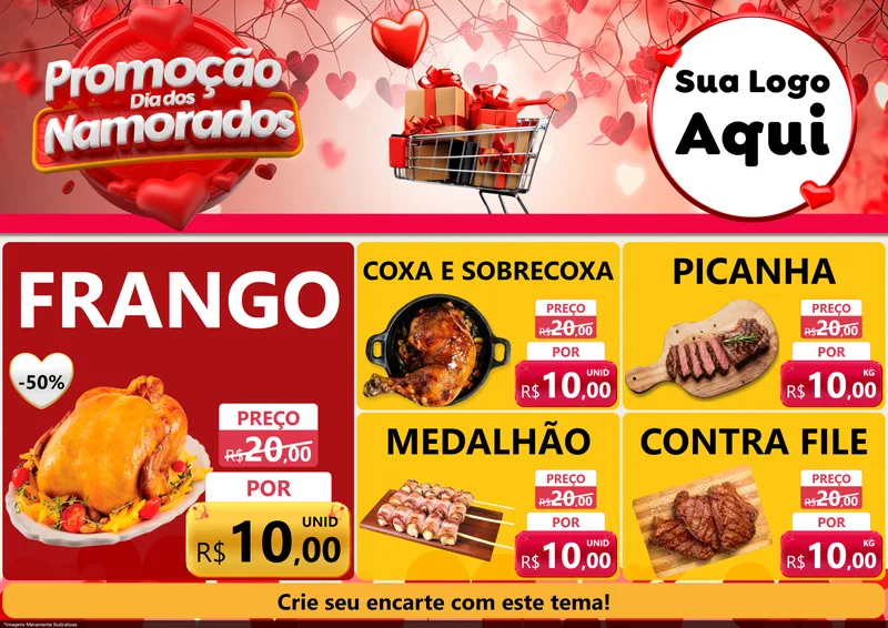 Modelo de Encarte para Encarte A4 Horizontal com o tema Promoção Dia dos Namorados para Assados