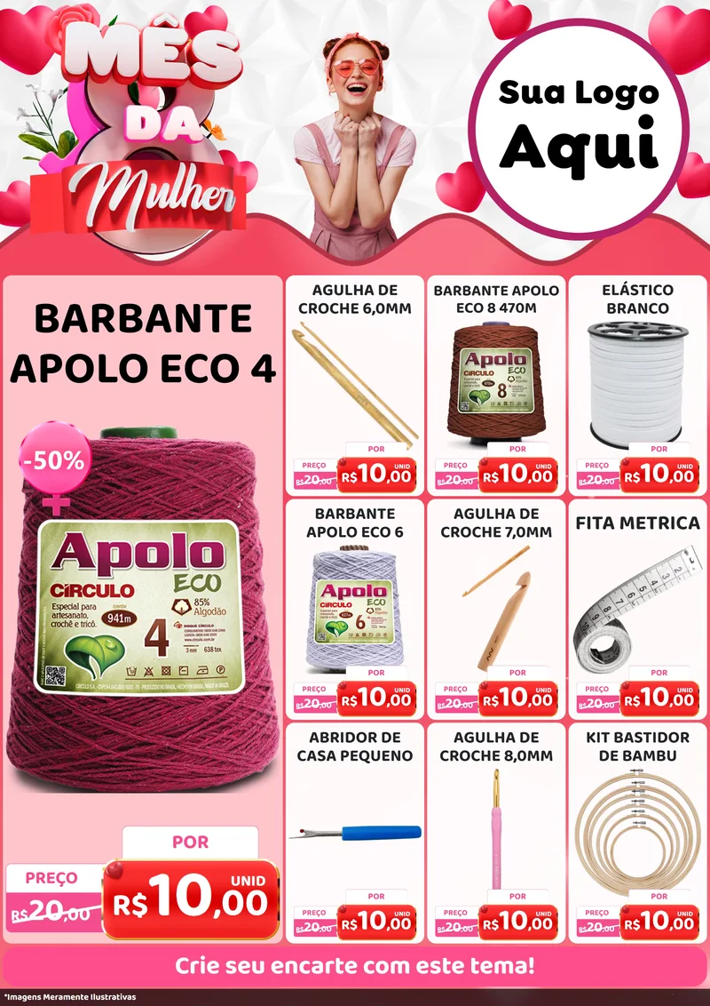 Modelo de Encarte para Encarte A4 Vertical com o tema Mês da Mulher para Armarinho e Aviamentos