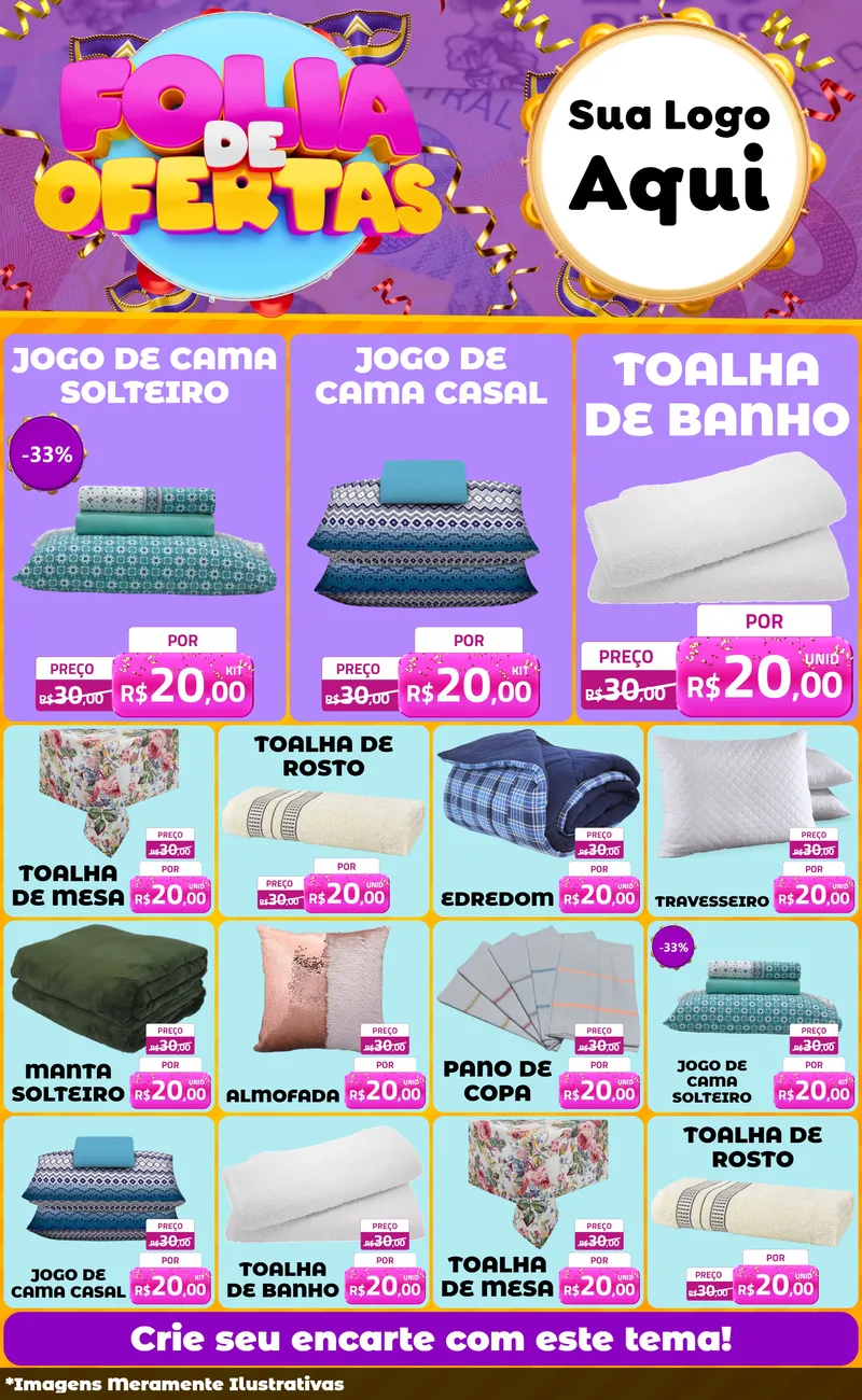 Modelo de Encarte para Encarte Grande com o tema Folia de Ofertas para Cama, Mesa e Banho