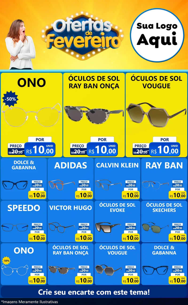 Modelo de Encarte para Encarte Grande com o tema Ofertas de Fevereiro para Óticas