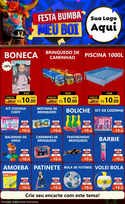 Modelo de Encarte para Encarte Grande com o tema Festa Bumba meu Boi para Brinquedos