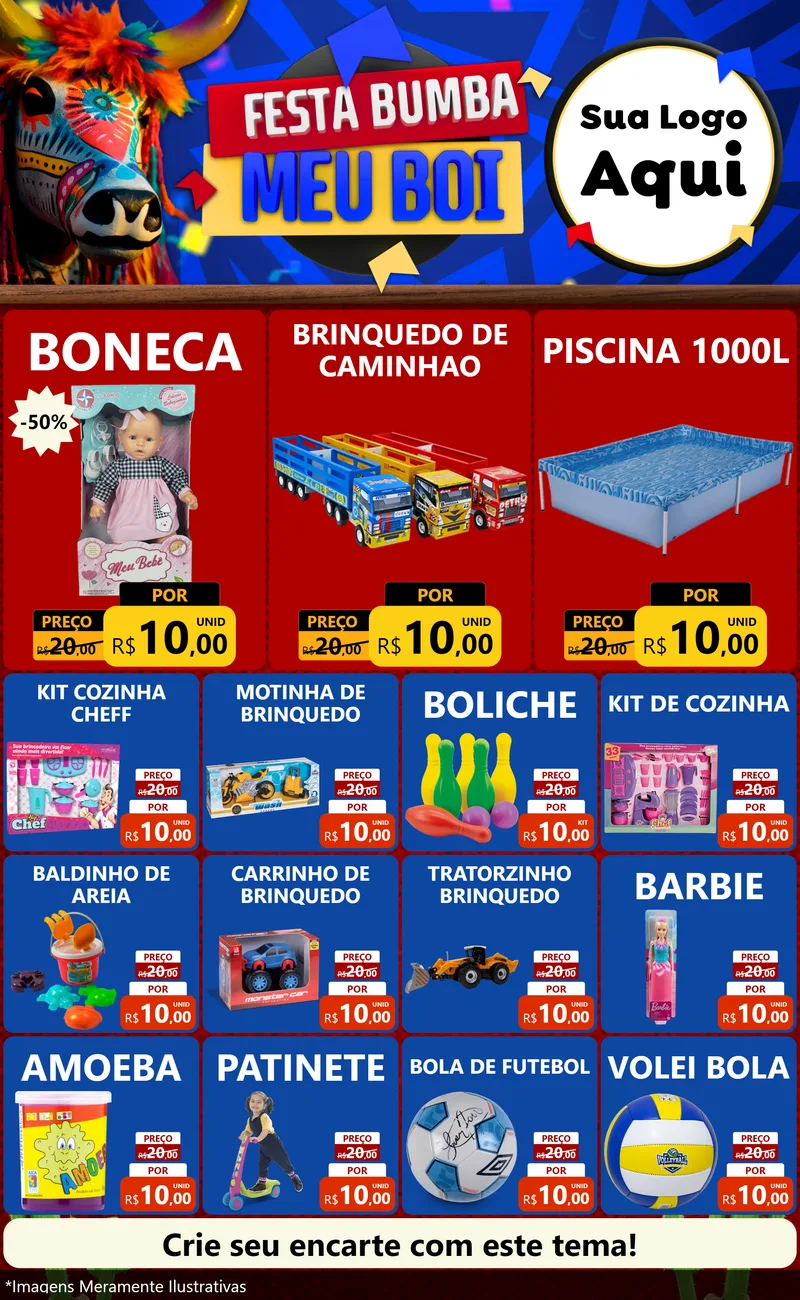 Modelo de Encarte para Encarte Grande com o tema Festa Bumba meu Boi para Brinquedos