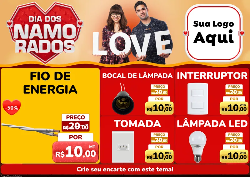 Modelo de Encarte para Encarte A4 Horizontal com o tema Dia dos Namorados para Materiais Elétricos