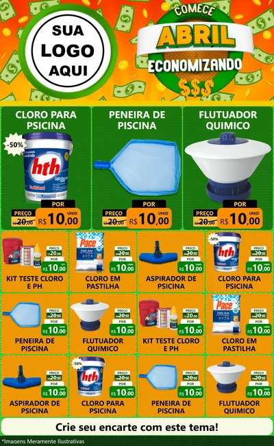 Modelo de Encarte para Encarte Grande com o tema Comece Abril Economizando para Produtos para Piscina