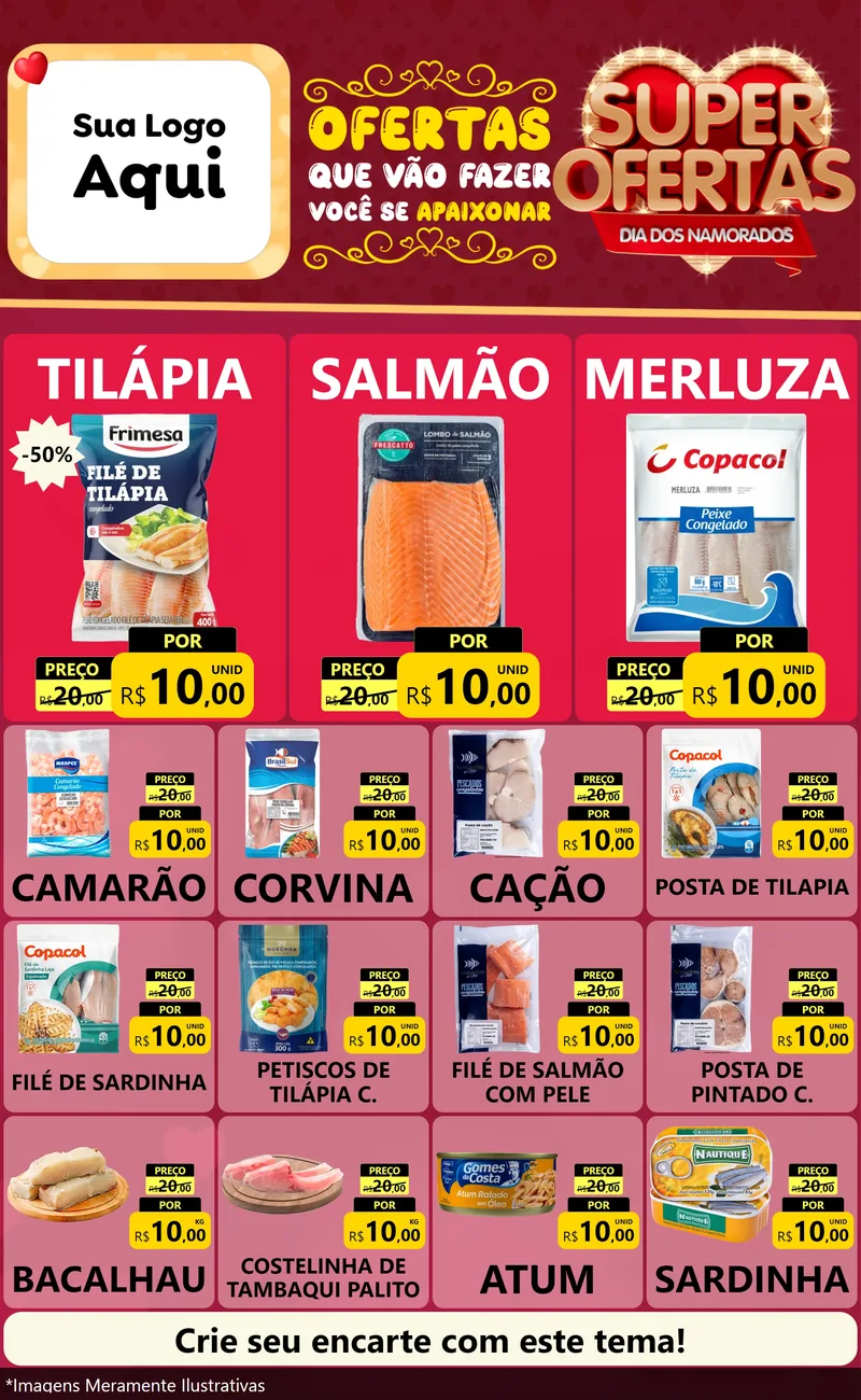 Modelo de Encarte para Encarte Grande com o tema Dia dos Namorados para Peixaria
