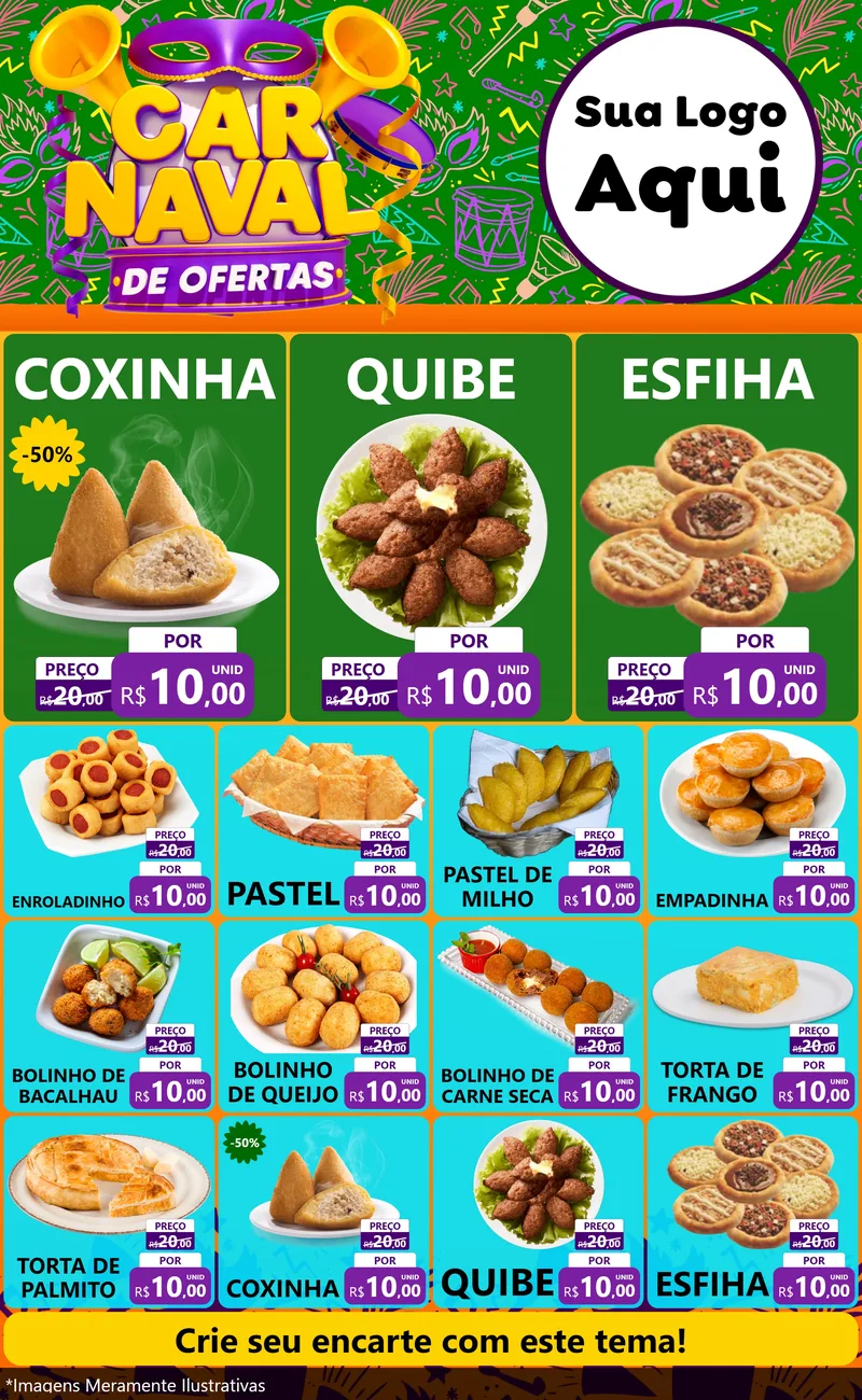 Modelo de Encarte para Encarte Grande com o tema Carnaval de Ofertas para Salgadaria