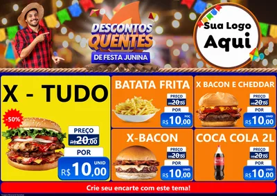 Modelo de Encarte para Encarte A4 Horizontal com o tema Descontos Quentes de Festa Junina para Hamburgueria