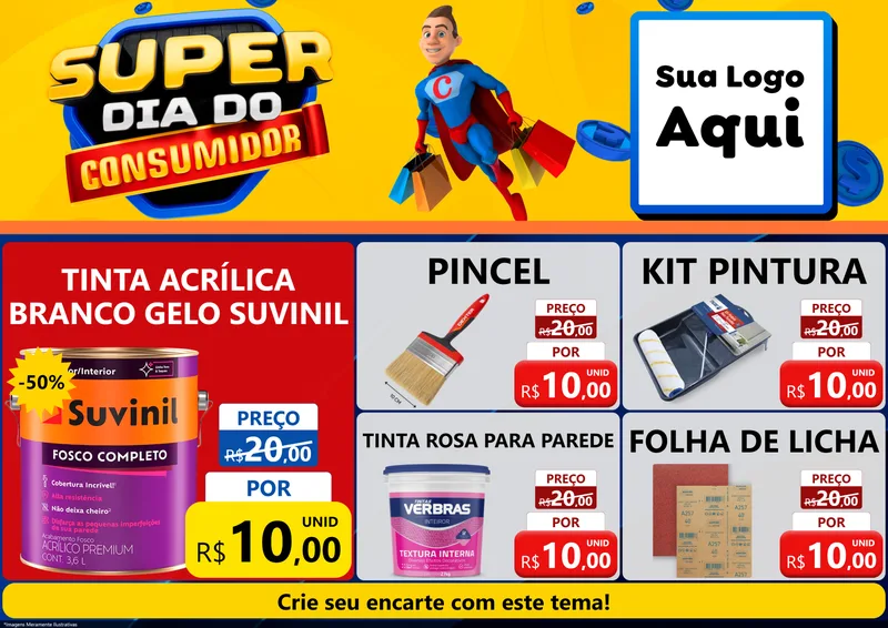 Modelo de Encarte para Encarte A4 Horizontal com o tema Super Dia do Consumidor para Tintas e Ferramentas