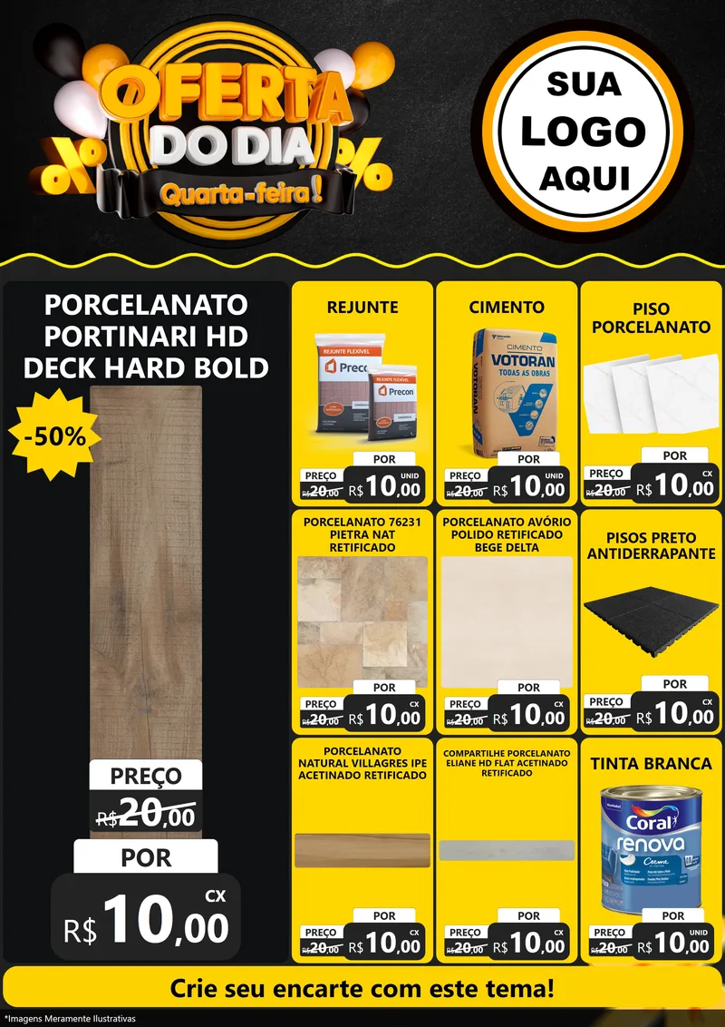 Modelo de Encarte para Encarte A4 Vertical com o tema Oferta do Dia - Quarta Feira! para Pisos e revestimentos