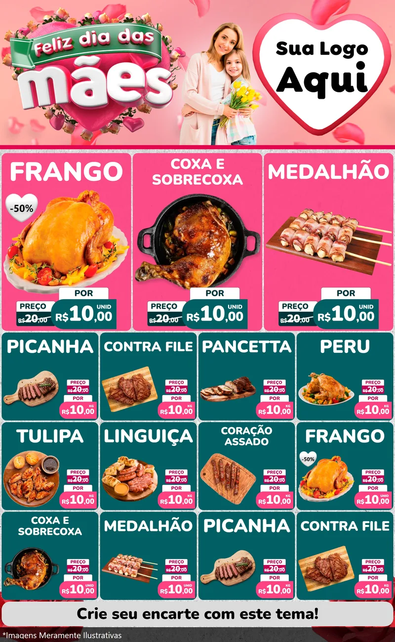 Modelo de Encarte para Encarte Grande com o tema Feliz Dia das Mães para Assados