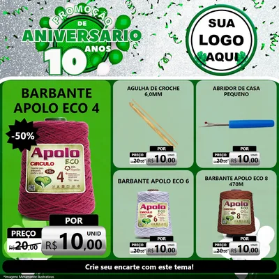 Modelo de Rede Social para Feed Facebook com o tema Promoção de Aniversário - 10 Anos para Armarinho e Aviamentos