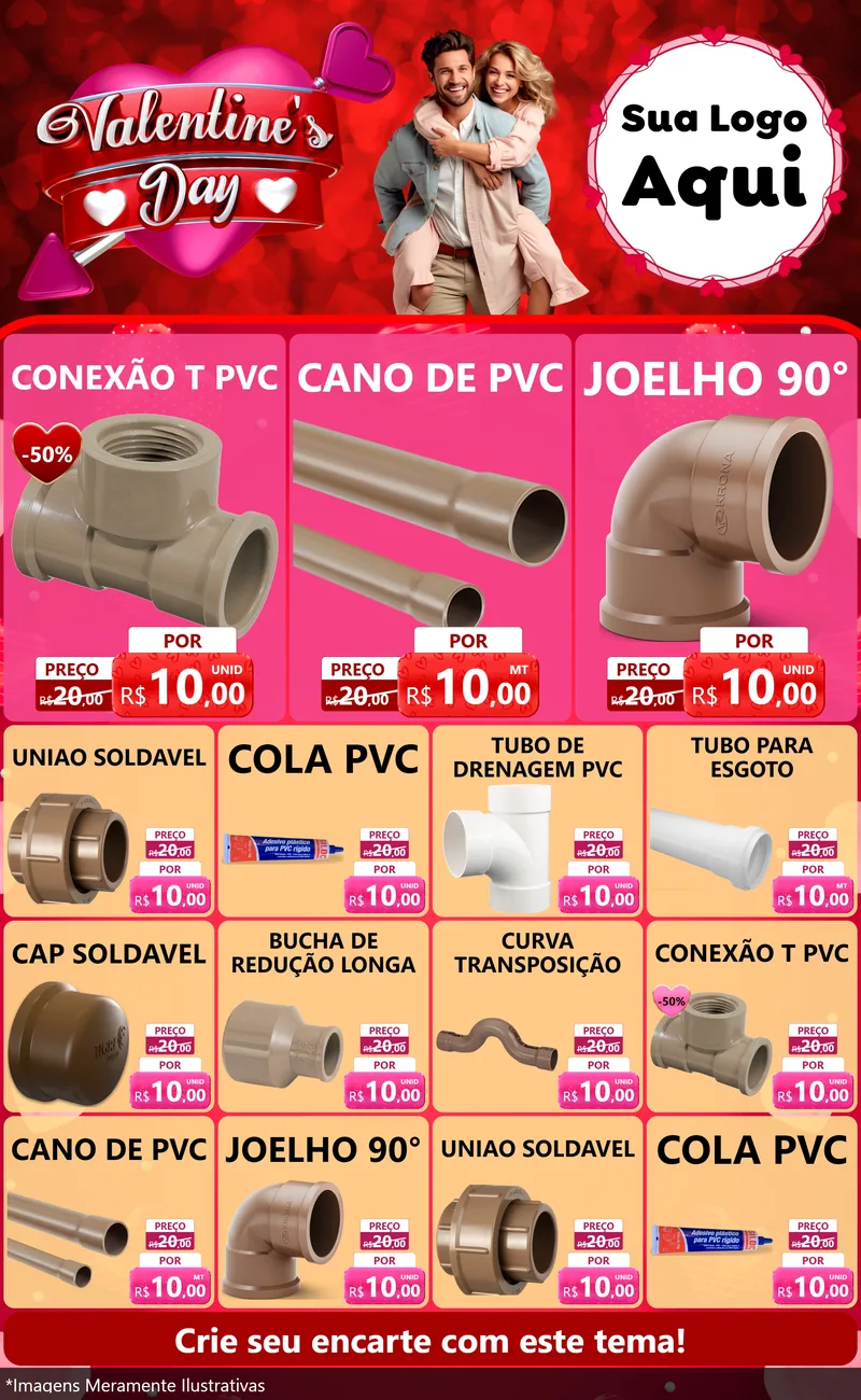 Modelo de Encarte para Encarte Grande com o tema Valentine's Day para Tubos e conexões